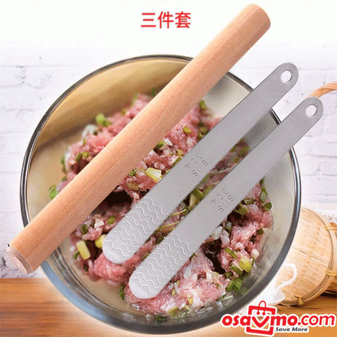 YLC CN Unpainted Solid Pearwood Rolling Pin D3.2*38cm+304 Stainless Steel Filling Spoon 16cm long x 2pcs